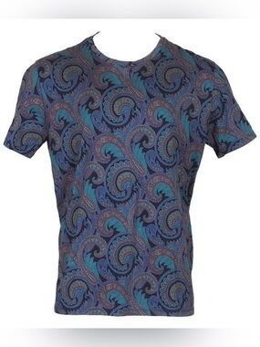 Etro Paisley Short Sleeve Crewneck T-Shirt in Teal & Navy 2XL